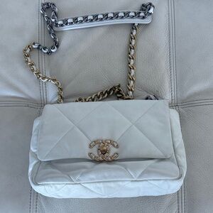 White Quilted Leather Chain Shoulder Bag with Gold-Tone Logo